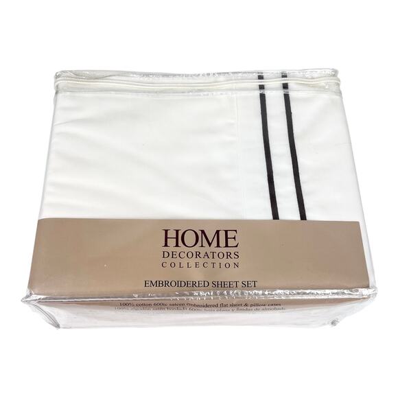 Home Decorators Twin Sheet Set Pillow Case Brown Embroidery White Cotton Bedding - Picture 1 of 7